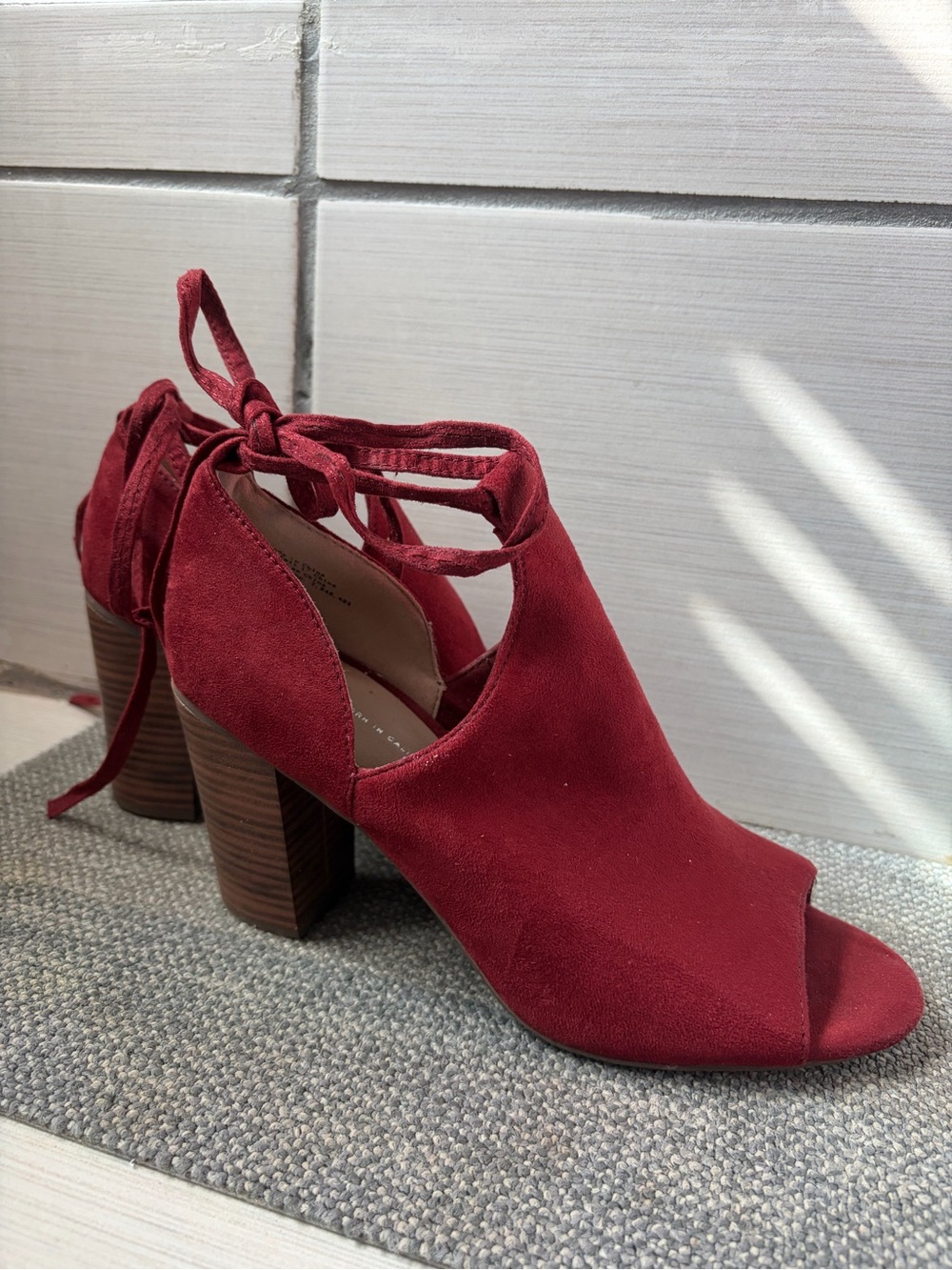 BCBGeneration Burgundy Suede Peep-Toe Block Heel Sandals with Ankle Tie